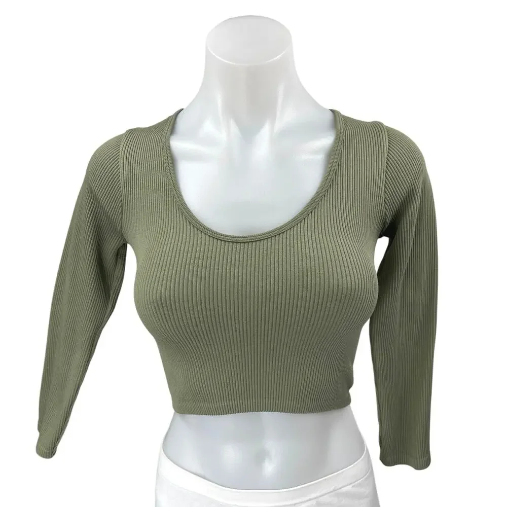 Zara Green Ribbed Knit Long Sleeve Scoop Neck Sweater T Shirt Crop Top Size XS/S